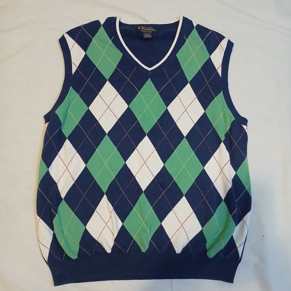 Brooks Brothers Men Arglye Vest 100% Cotton Vneck Size Large